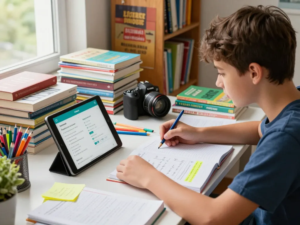 Schüler, der ein Tablet verwendet, um Hausaufgaben zu lösen, umgeben von Büchern und Lernmaterialien.