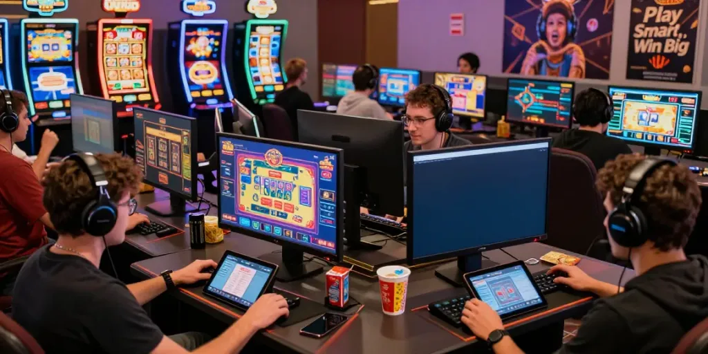Online gaming enthusiasts at https://nbet.group/ enjoying an energetic casino atmosphere filled with vibrant lights and diverse games.