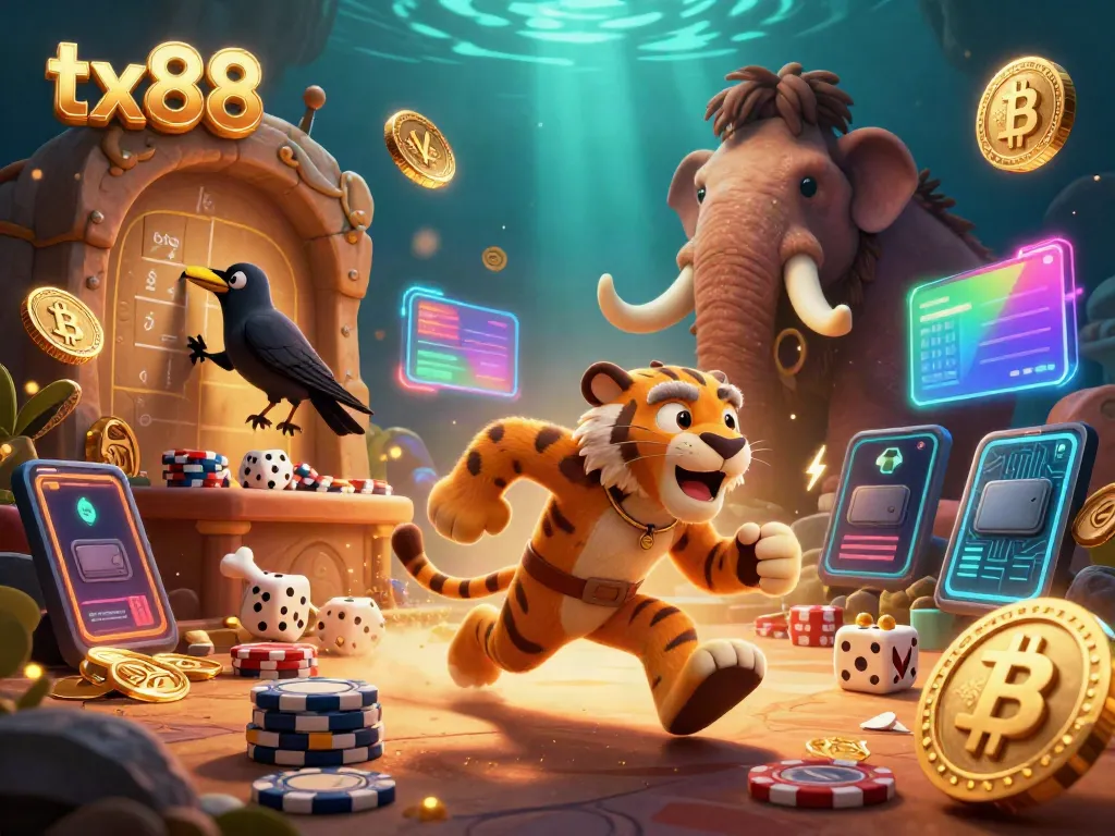Engage in thrilling games at tx88 with a vibrant prehistoric casino scene.