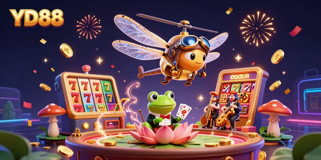 Engage with YD88 at a vibrant lily pad casino featuring lively characters and dynamic gaming elements.