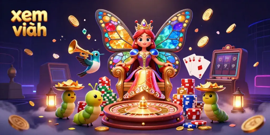 Experience immersive gaming with xem thêm featuring a vibrant butterfly queen, cascading coins, and a roulette wheel in action.