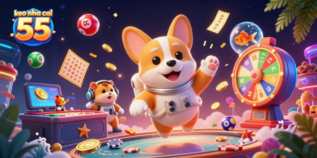 Engage with keo nha cai 55 at this vibrant space casino scene featuring a floating corgi and dynamic game elements.