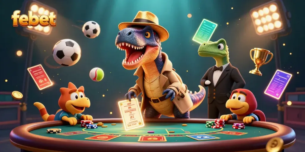 Experience thrilling wins at febet's dynamic casino scene featuring cartoon dino characters.