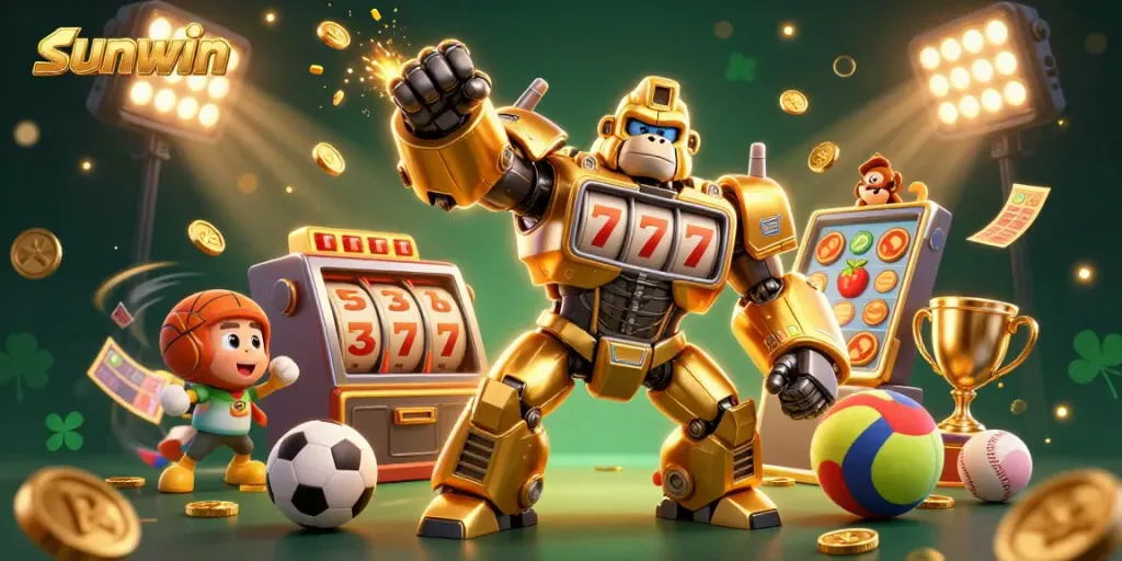 Engage in slots action with sunwin's golden gorilla mech and winning elements in a vibrant scene.