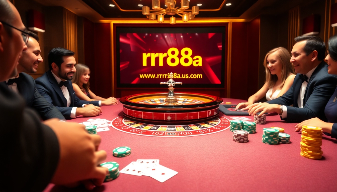 Excited players at a casino table featuring https://rr88a.us.com/ with poker chips and roulette wheel.