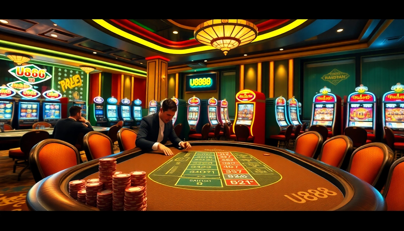 Engage in thrilling gambling action at U8888 with vibrant tables, poker chips, and slots.