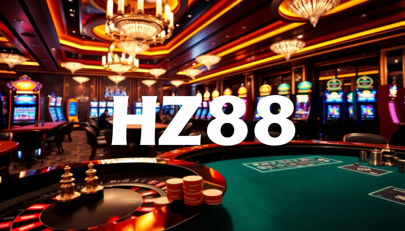 Experience the excitement of HZ88 with vibrant casino visuals featuring roulette and slot machines.