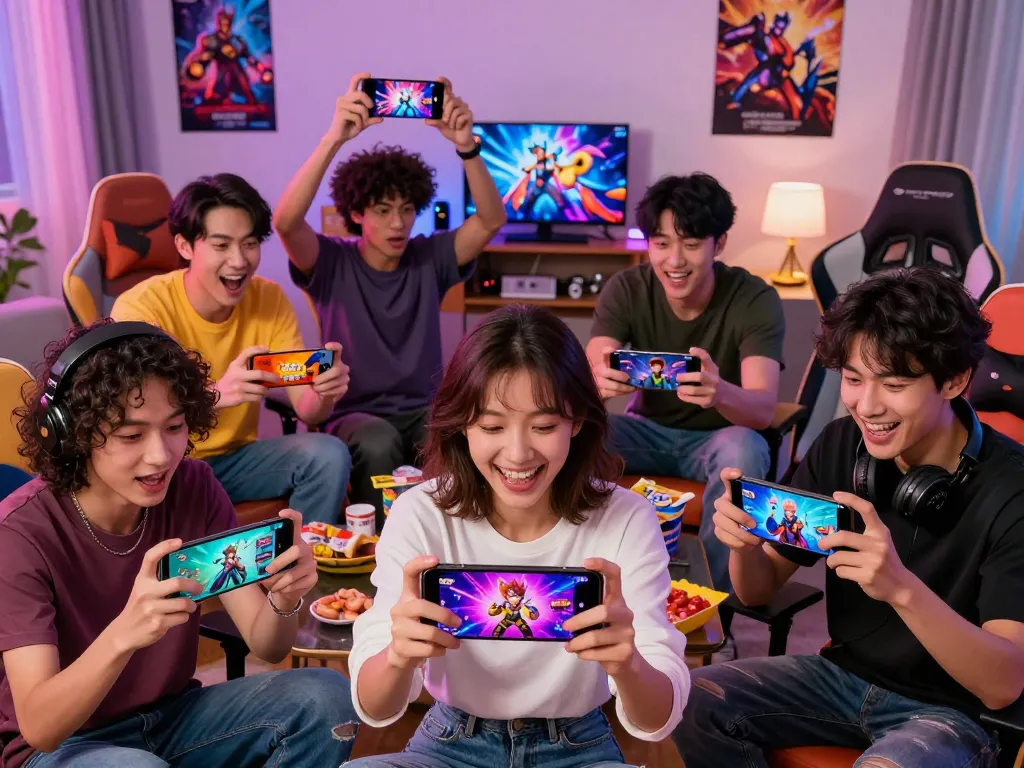 Engaging scene of players enjoying free mobile porn games on smartphones in a vibrant living room setting, showcasing excitement and diversity in adult gaming.