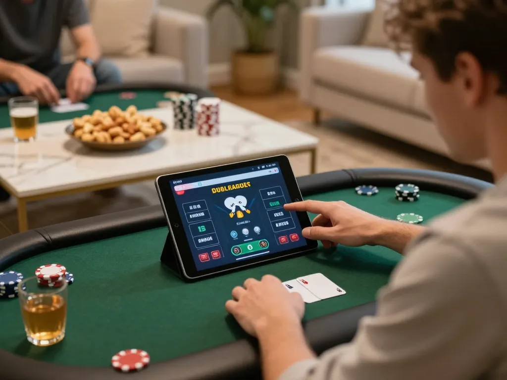 Engaging poker gameplay at home with TR88 app in vibrant lighting and cozy setup