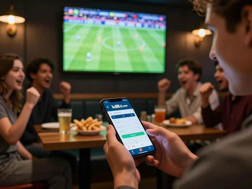 Placing live bets on lc88.it.com in a vibrant sports bar during a football match.