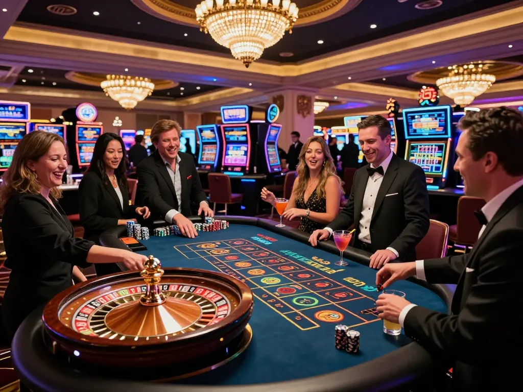 Players engaging at a roulette table in the lively casino atmosphere at vipwin.com, showcasing vibrant gaming excitement.