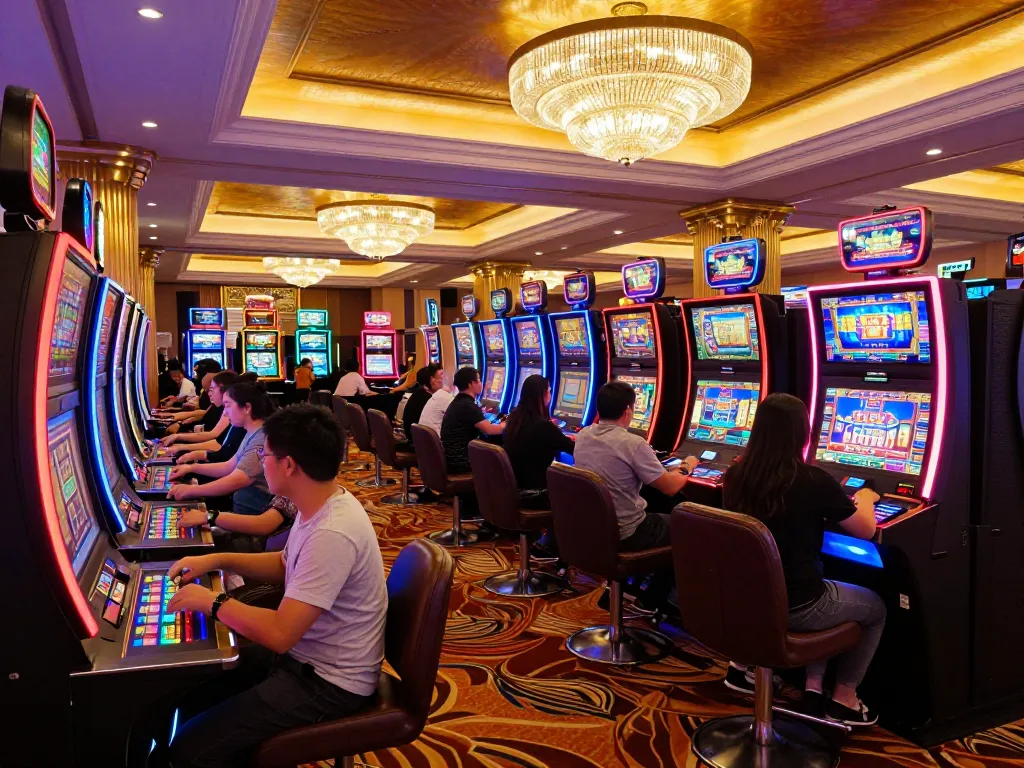 Xo88 players enjoying vibrant slot machines with colorful lights on an exciting casino floor