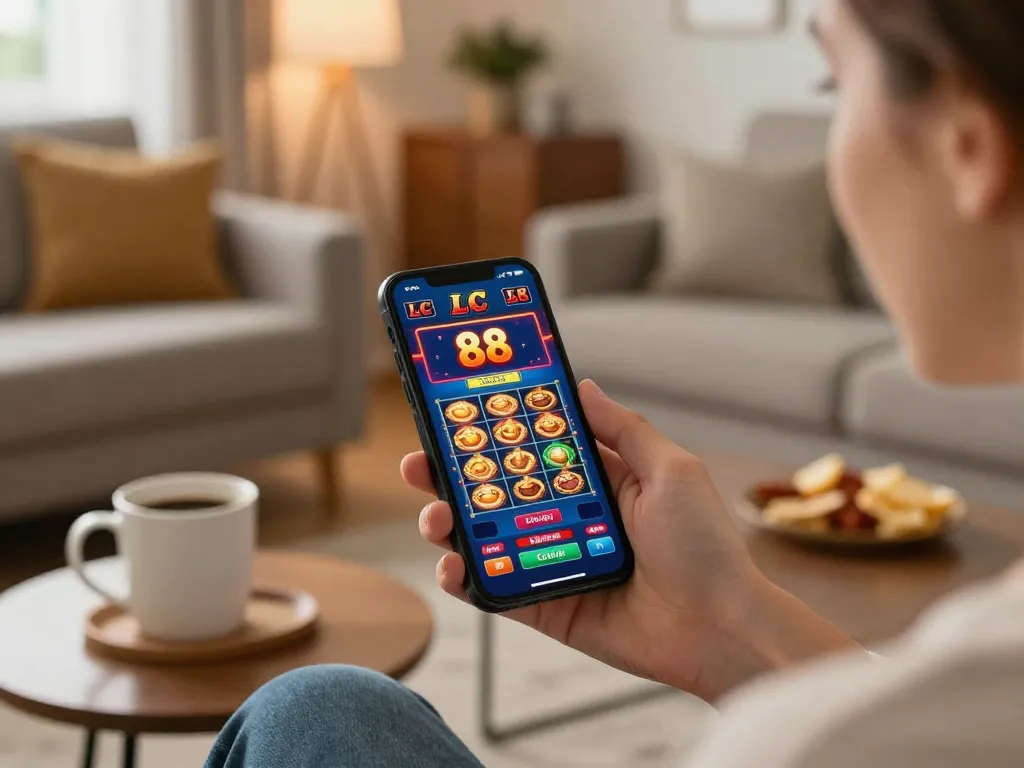 Engaging mobile gaming experience with the LC 88 casino app in a cozy home setting.