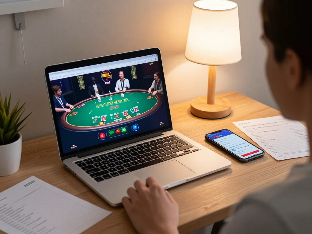 Engaging player using KKWIN app on laptop for online gambling, showcasing immersive gaming setup
