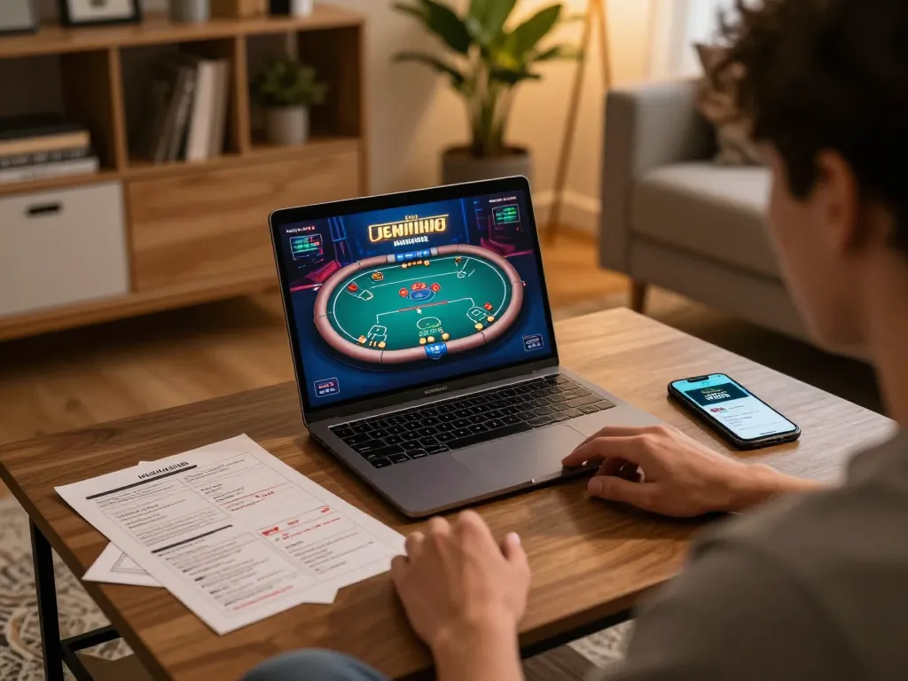 Player enjoying online gaming experience on ee88go app at home with cozy atmosphere and strategy notes.