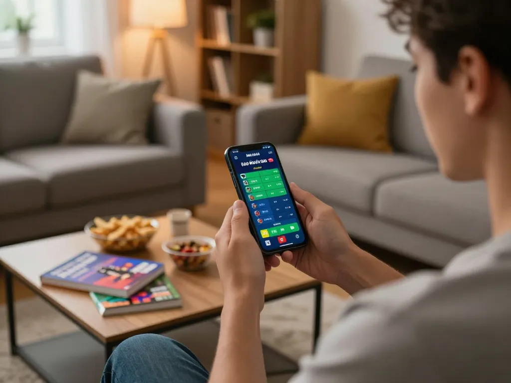 Engaged player placing bets on kèo nhà cái trực tiếp using smartphone in a cozy living room setting