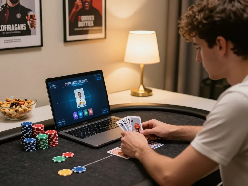 MAY88 user engaged in an online poker game, analyzing cards and strategies at home.