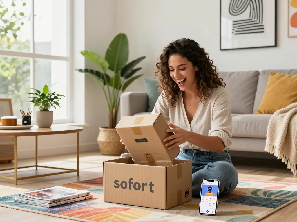Aufgeregte junge Frau packt ein sofort lieferbar Produkt in ihrer stylischen urbanen Wohnung aus und zeigt moderne Dekoration.