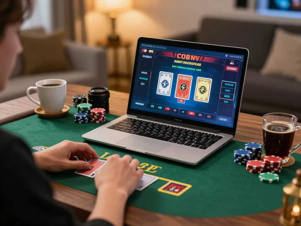 Engaged player using ONE88 for live dealer blackjack in cozy home setting.