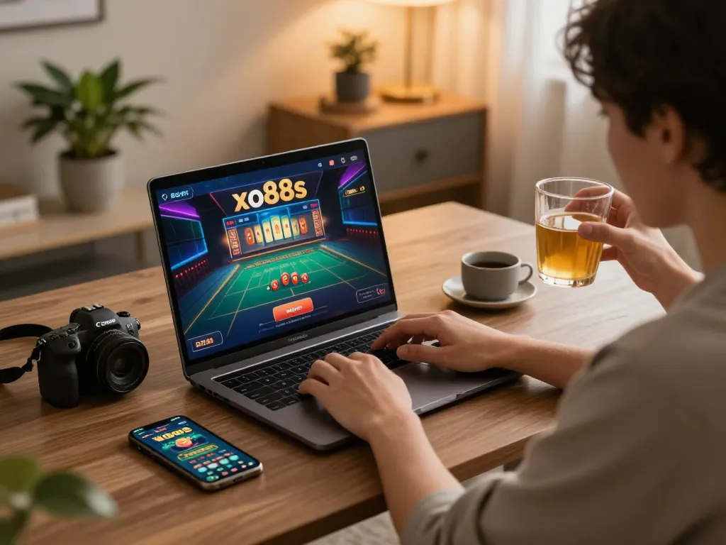 Engaging gaming atmosphere as a player enjoys xo88s online casino on laptop in a cozy home setting.