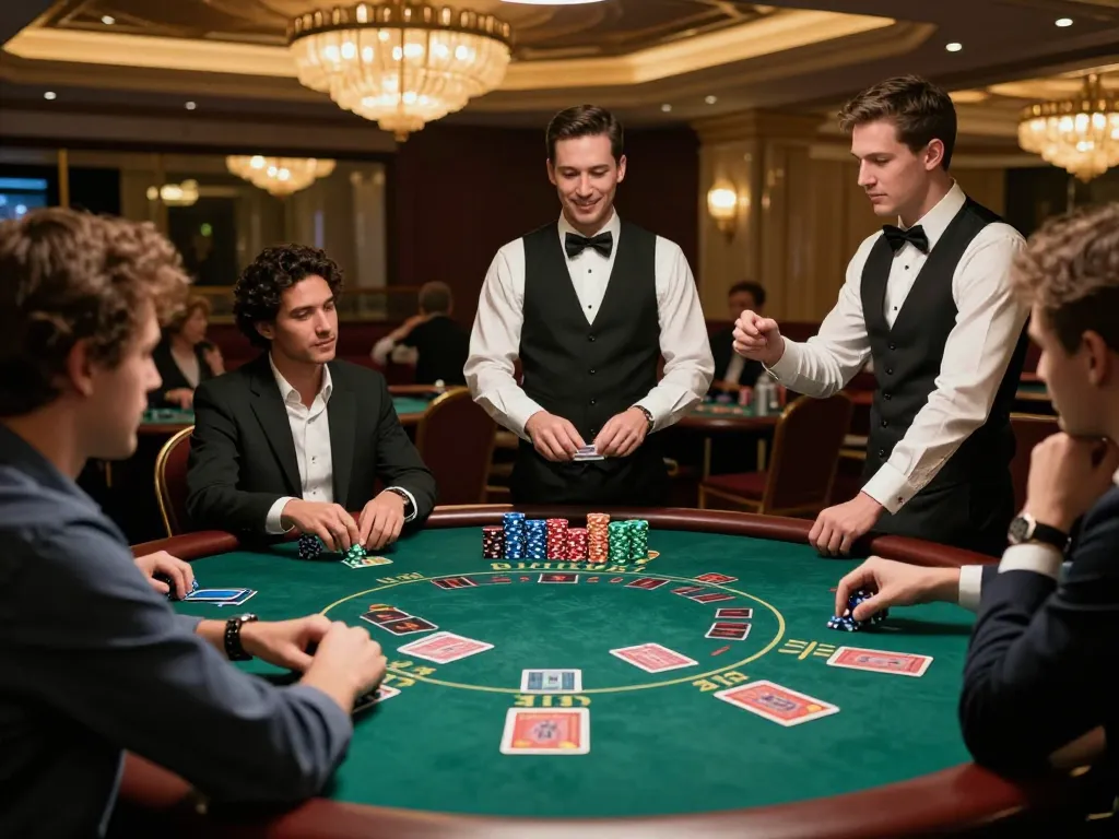 Engaged players at KP88 COM blackjack table strategizing their next moves in an upscale casino.