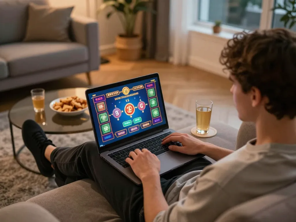Engaging TX88 online gaming experience with a player enjoying casino games at home, creating a cozy atmosphere.
