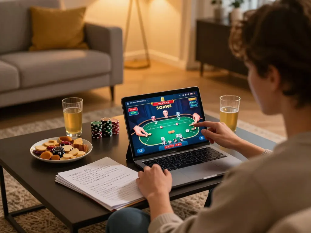 Player enjoying online poker game using may88sss on tablet, cozy home setting.