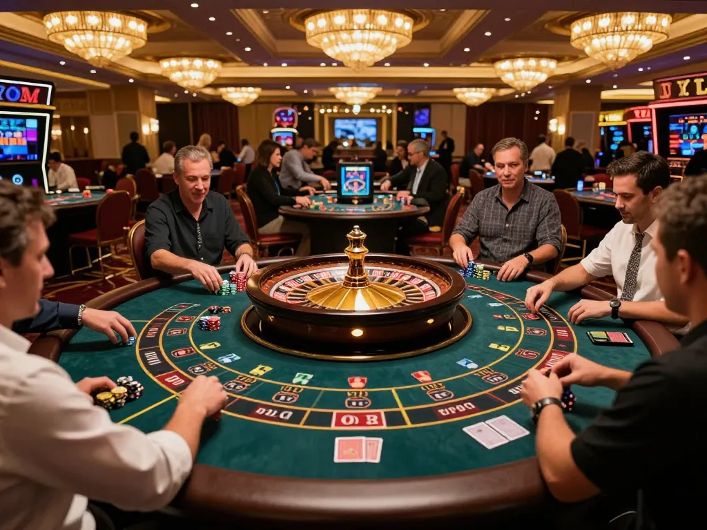 Experience the thrill of DA88 gaming at a high-stakes roulette table, with players strategizing and betting.