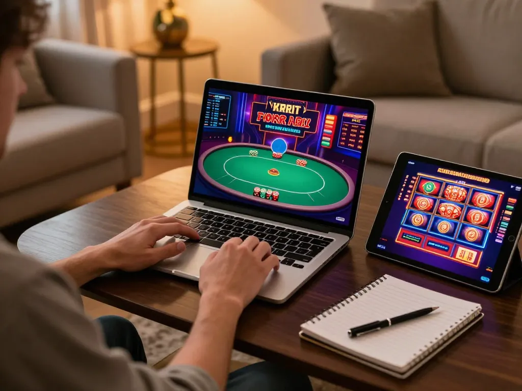 Engaging online gaming scene with FIVE88 highlighted on a laptop, showcasing poker excitement in a cozy atmosphere