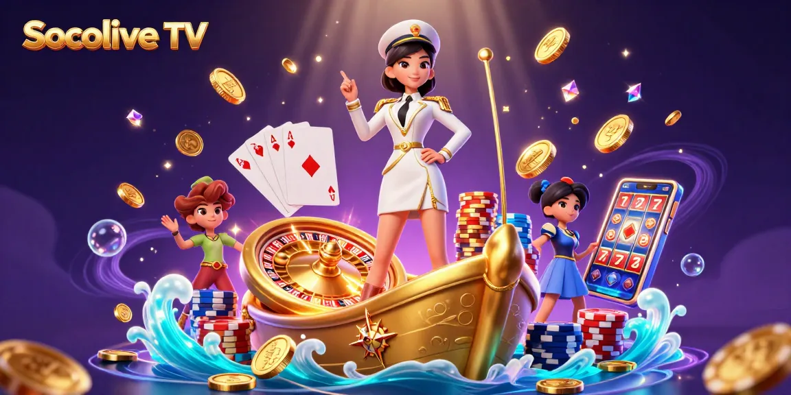 Socolive TV showcases a vibrant scene of sports betting action with cascading coins, roulette, and poker.