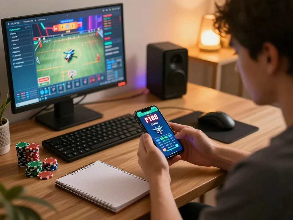 f168 mobile gaming setup showcasing online casino app with strategic betting focus in cozy environment.