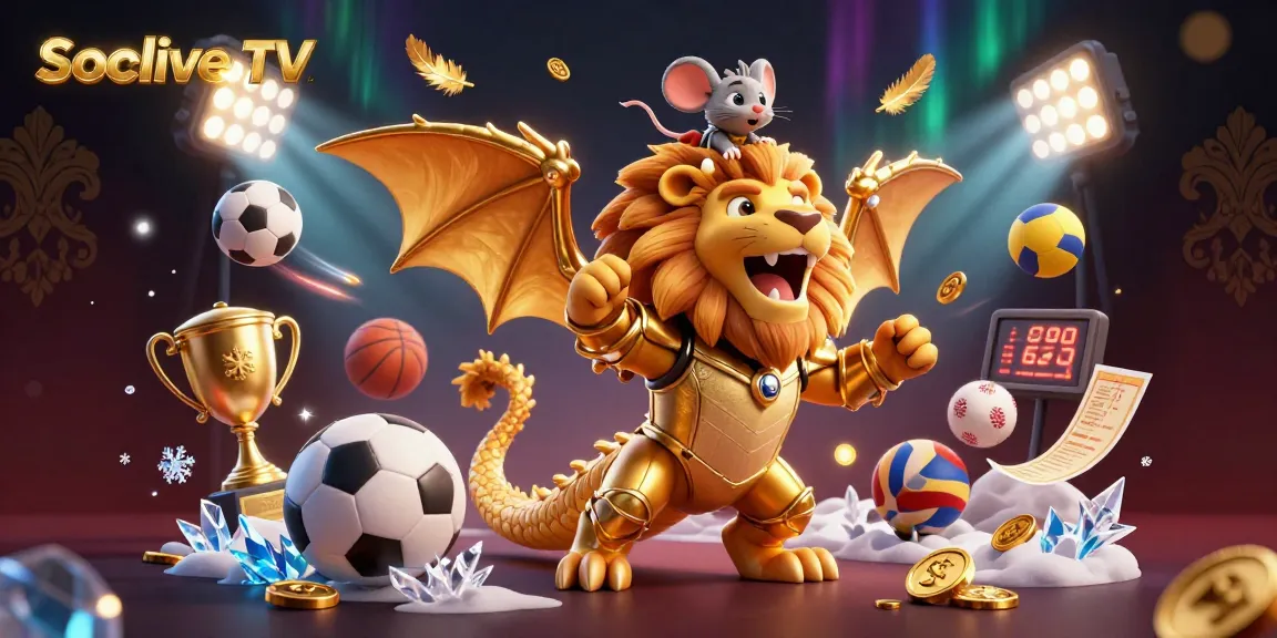 Socolive TV showcases an epic scene with a chimera creature and dynamic sports elements, blending sports betting excitement.