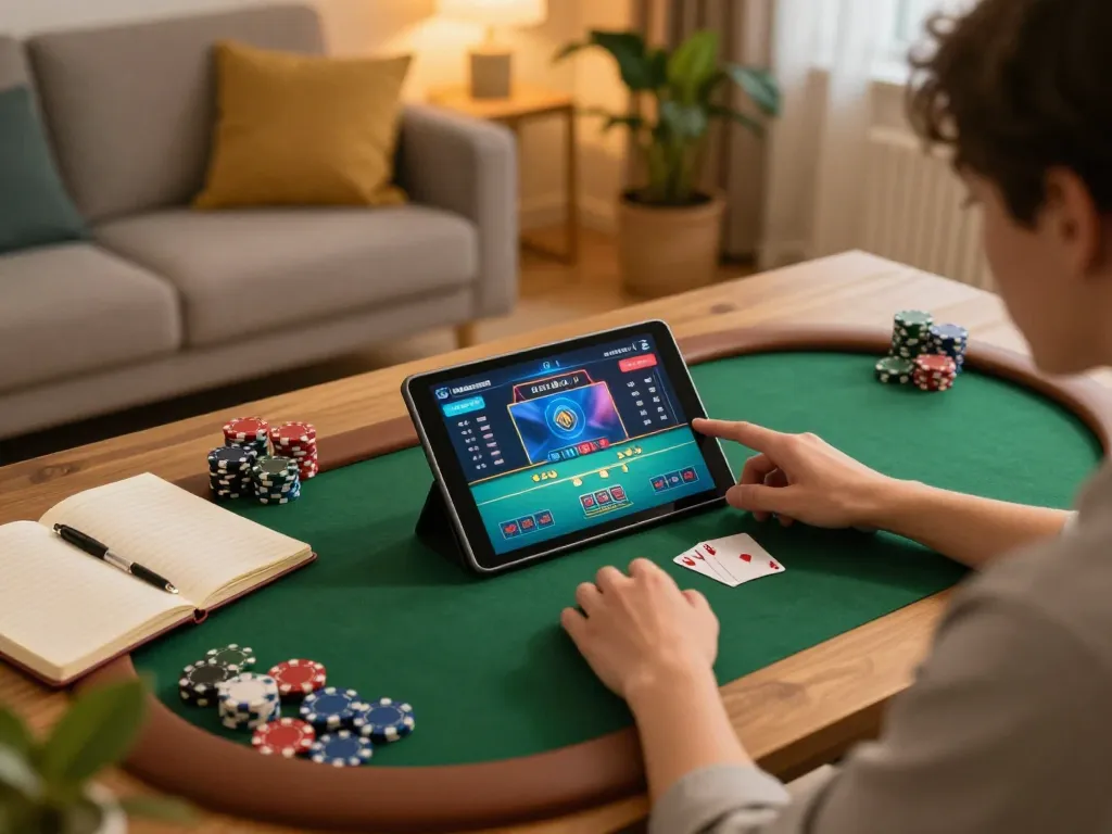 Player engaging in online poker on SHBET tablet in a cozy atmosphere, emphasizing strategic gameplay.