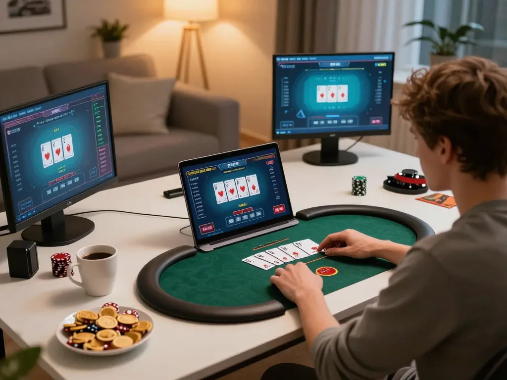 Player enjoying a thrilling poker game on 98win during a cozy home gaming session.