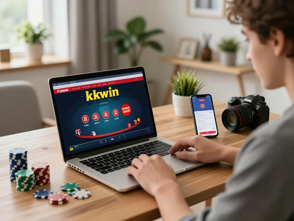 Kkwin user engaged in strategic online gambling on a laptop at home, showcasing poker gameplay.