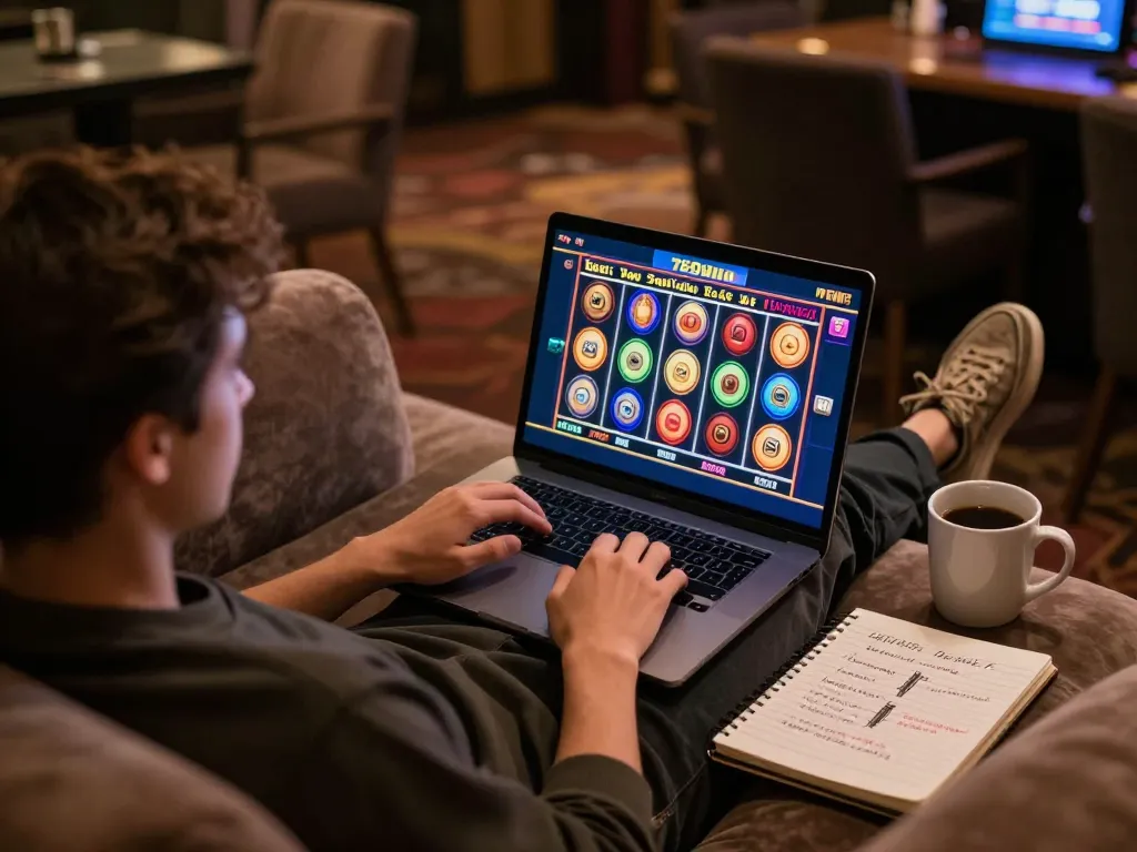 Player enjoying 789win online gaming with colorful slot machine display on laptop