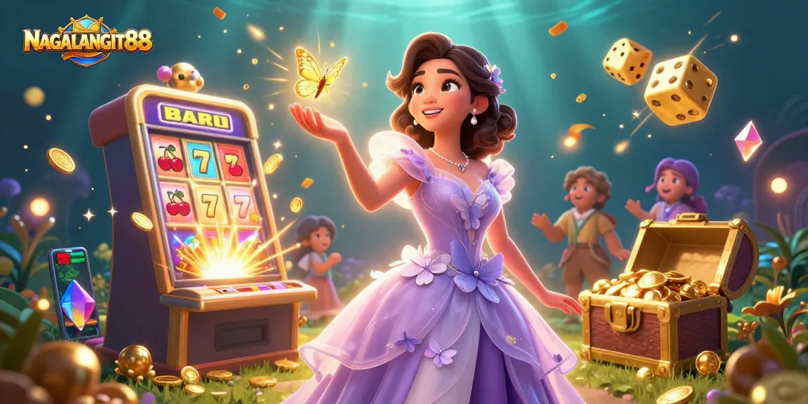 NAGALANGIT88 slots scene with a stunning woman, vivid casino elements, jackpot excitement, and golden butterflies.