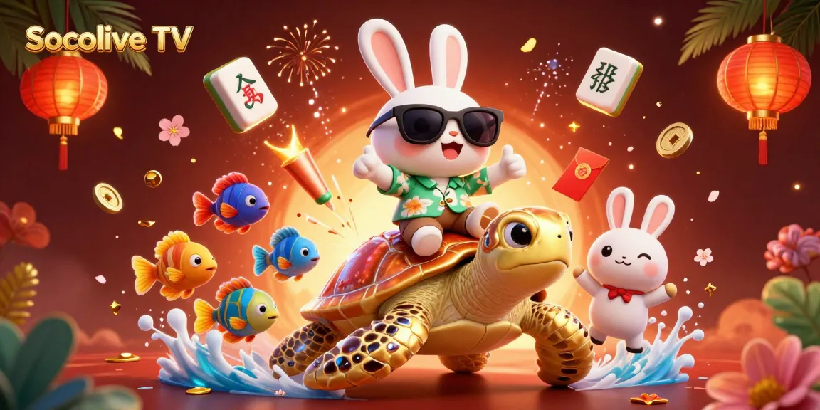 Socolive TV showcases a vibrant 3D scene with a lucky rabbit and golden turtle, interacting with dynamic gambling elements.