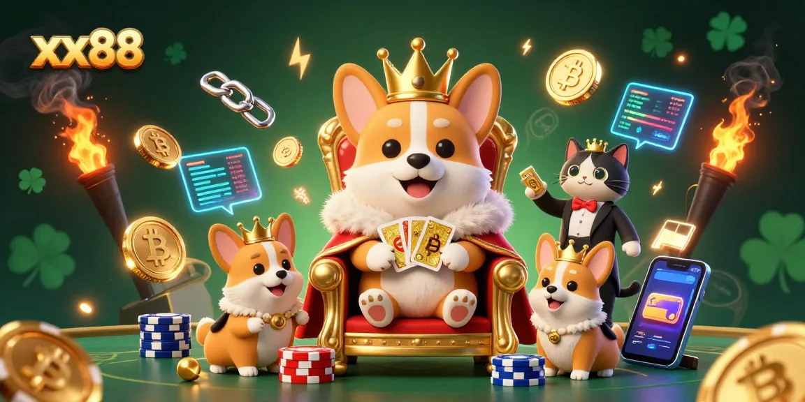 Engage with the thrilling world of xx88, featuring a royal corgi atop poker chips surrounded by vibrant crypto elements.