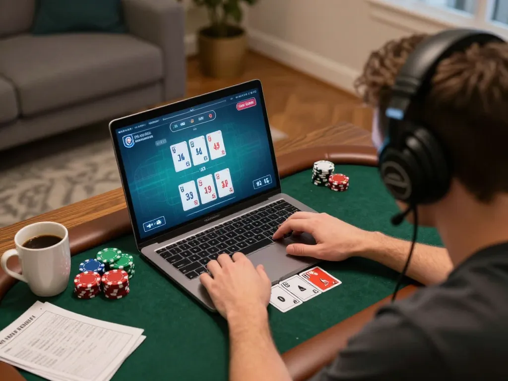 Engaging player strategizing in an online poker game on lc888 from a cozy home setup