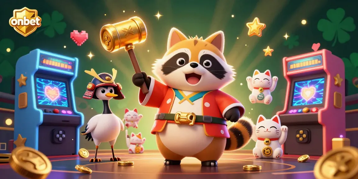 Experience onbet's vibrant gaming scene with a cheerful tanuki, action-packed elements, and colorful maneki-neko.