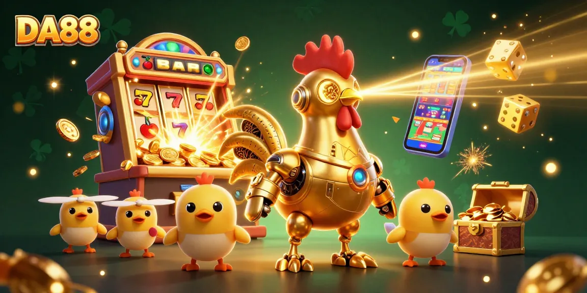 Experience thrilling gaming with DA88 as golden robots and slot machines burst with excitement.