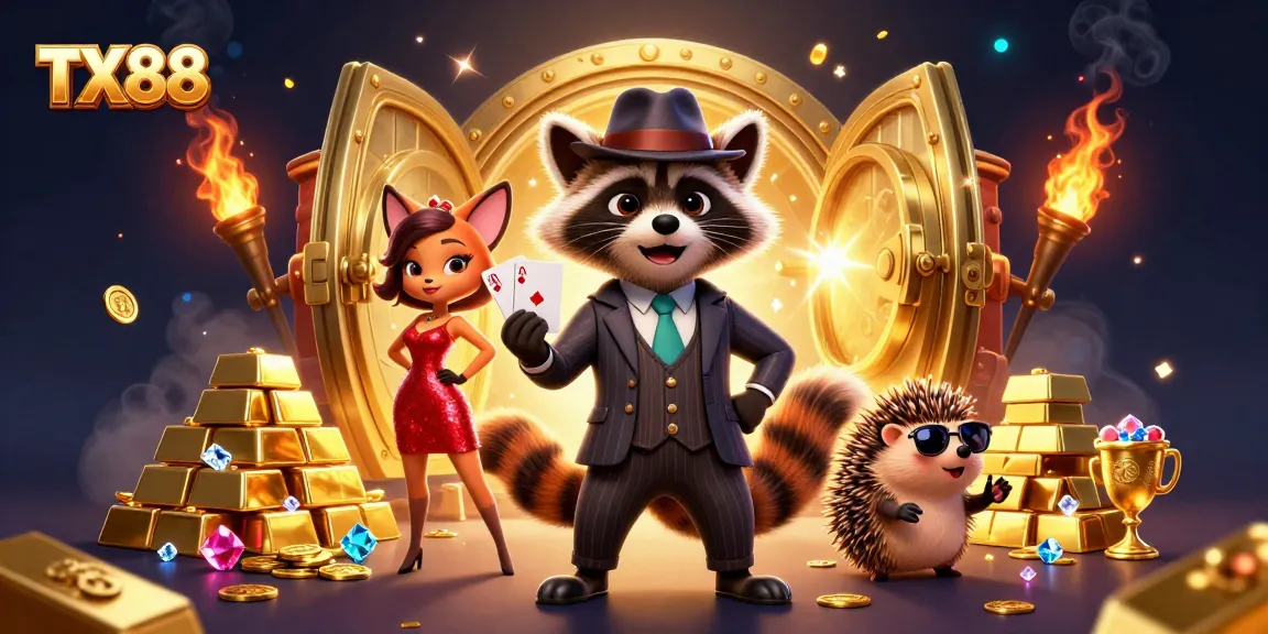 Experience the excitement with TX88, showcasing a raccoon holding a royal flush amidst gold treasures.