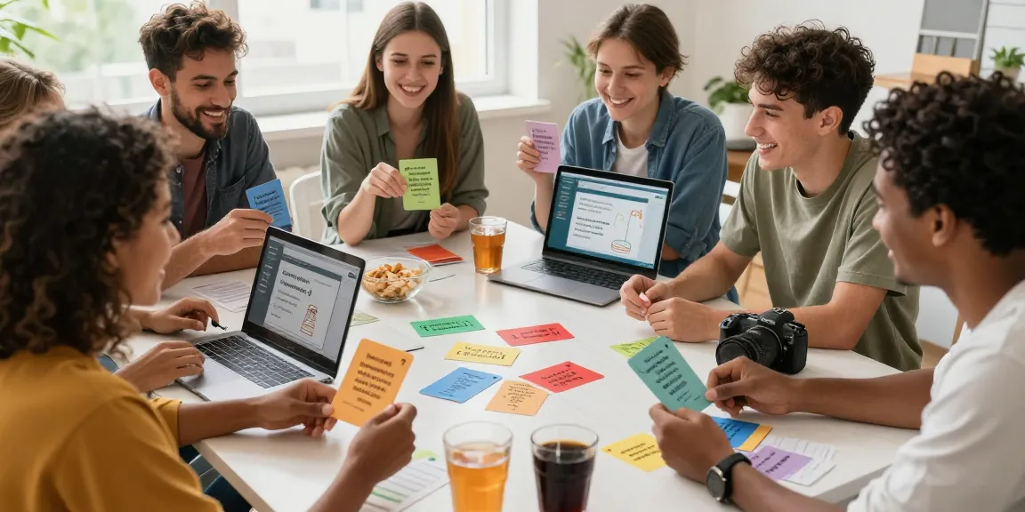 Quiz Allgemeinwissen: Freunde genießen eine Quizrunde mit fröhlicher Stimmung und interaktiven Fragen.