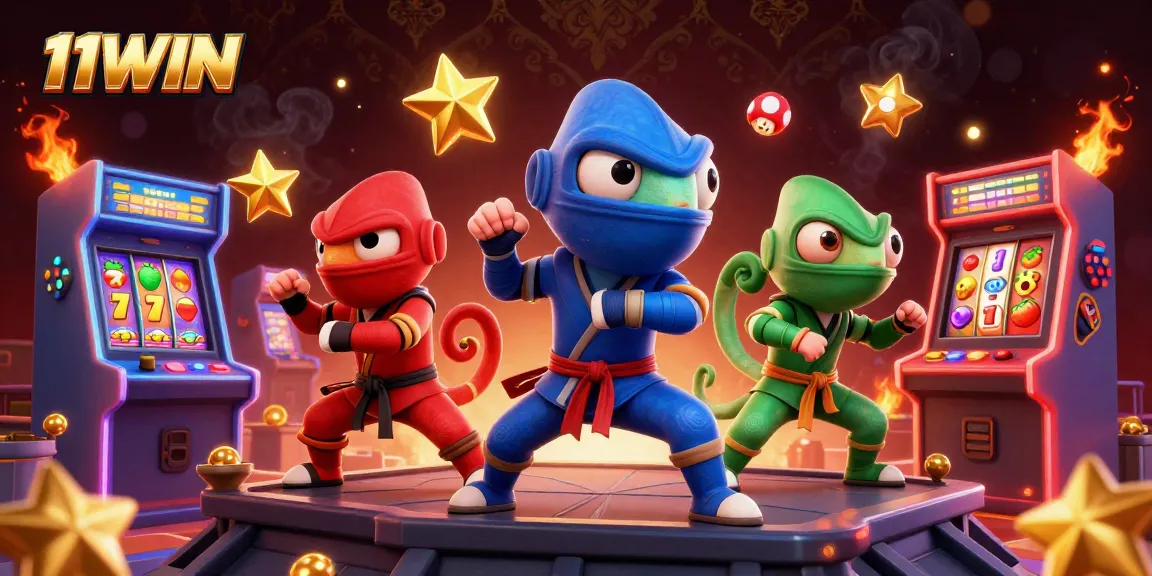 Engage in the thrilling world with 11WIN as chameleon ninjas vie for jackpots amidst vibrant casino elements.