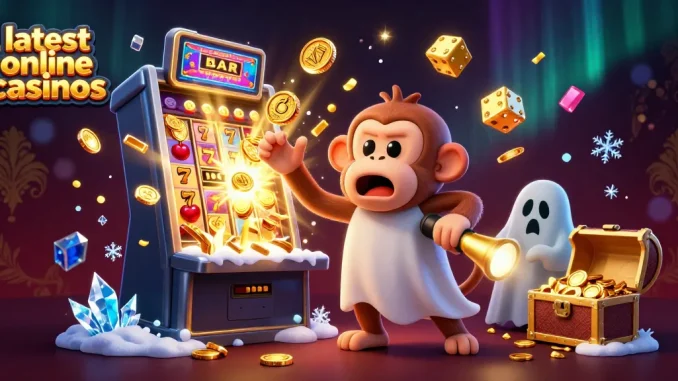 Engage with the latest online casinos featuring a mischievous monkey and ghost-hunter puppy in a vibrant casino scene.