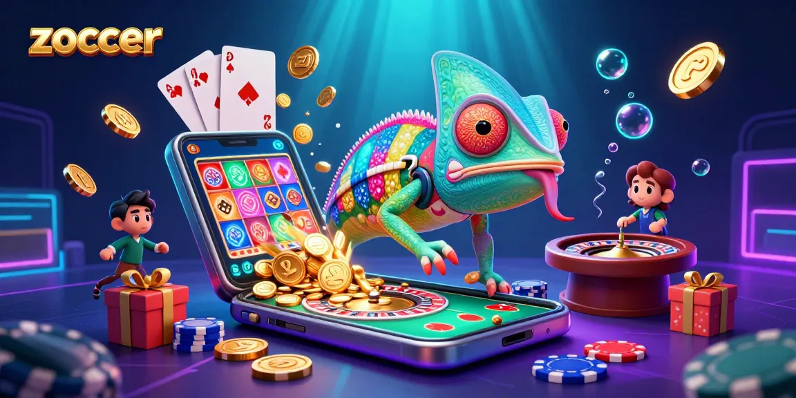 Zoccer casino illustration showing a colorful chameleon owner surrounded by vibrant gaming elements.