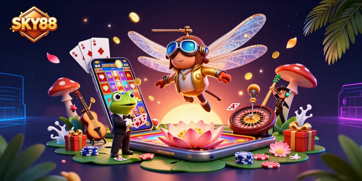 Engage in thrilling gameplay at SKY88 with a dynamic 3D casino scene featuring vibrant characters and gaming action.