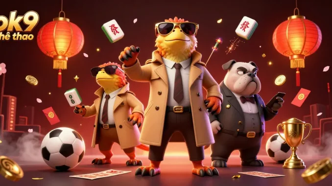 Bet on ok9 thể thao with a playful scene of three raptors disguising as a tall man entering a VIP casino.
