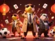 Bet on ok9 thể thao with a playful scene of three raptors disguising as a tall man entering a VIP casino.